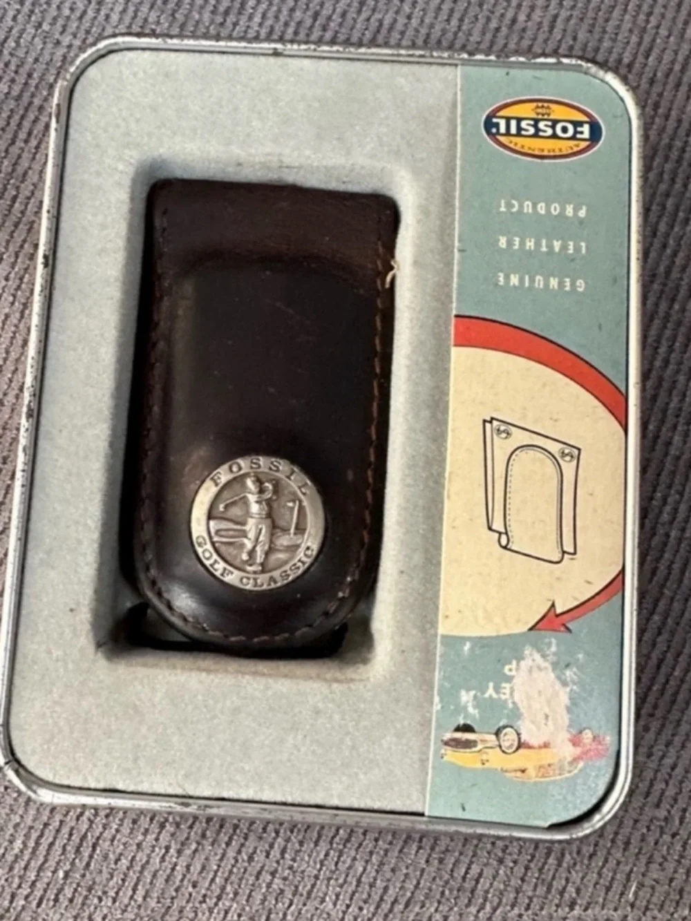 Vintage Fossil leather magnetic money clip golf classic used